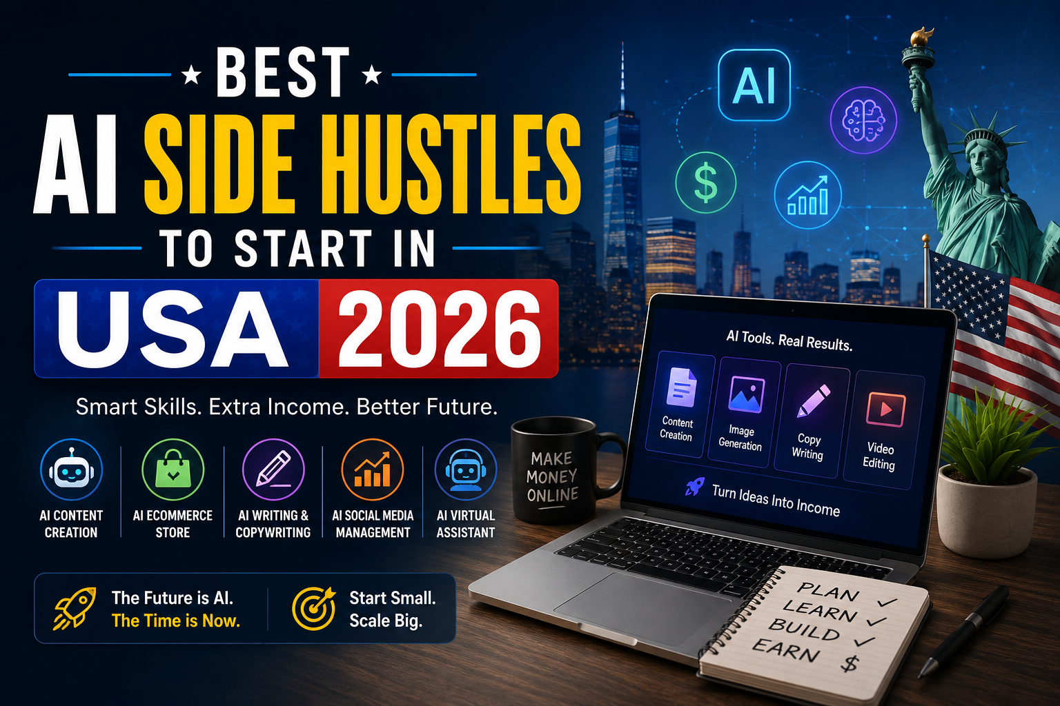 Best AI Side Hustles to Start in USA 2026: Complete Beginner’s Guide to Earning $500–$5,000/Month